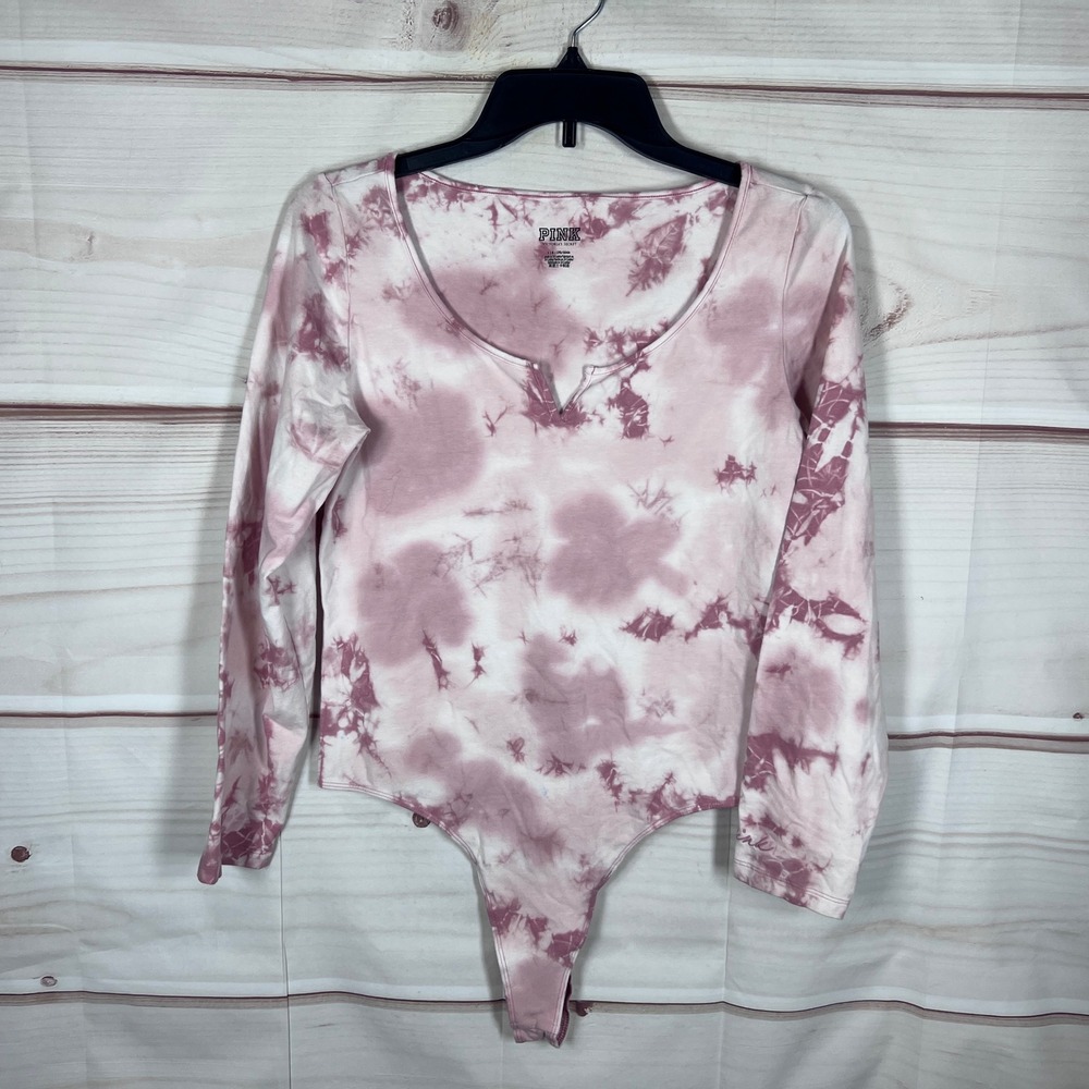 PINK Victoria's Secret Bodysuit Women Large Pink Tie Dye Notch Neck Long Sleeve